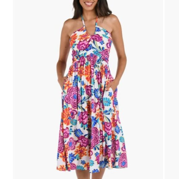 La Blanca Dresses & Skirts - La Blanca Paradiso Halter Midi Cover-Up Sundress M Floral Pockets
